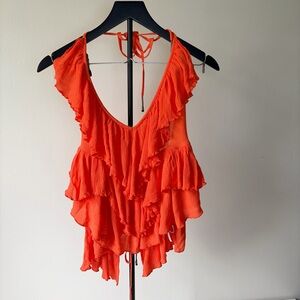 Free people Women's Orange Ruffled V‑Neck Sleeveless Top